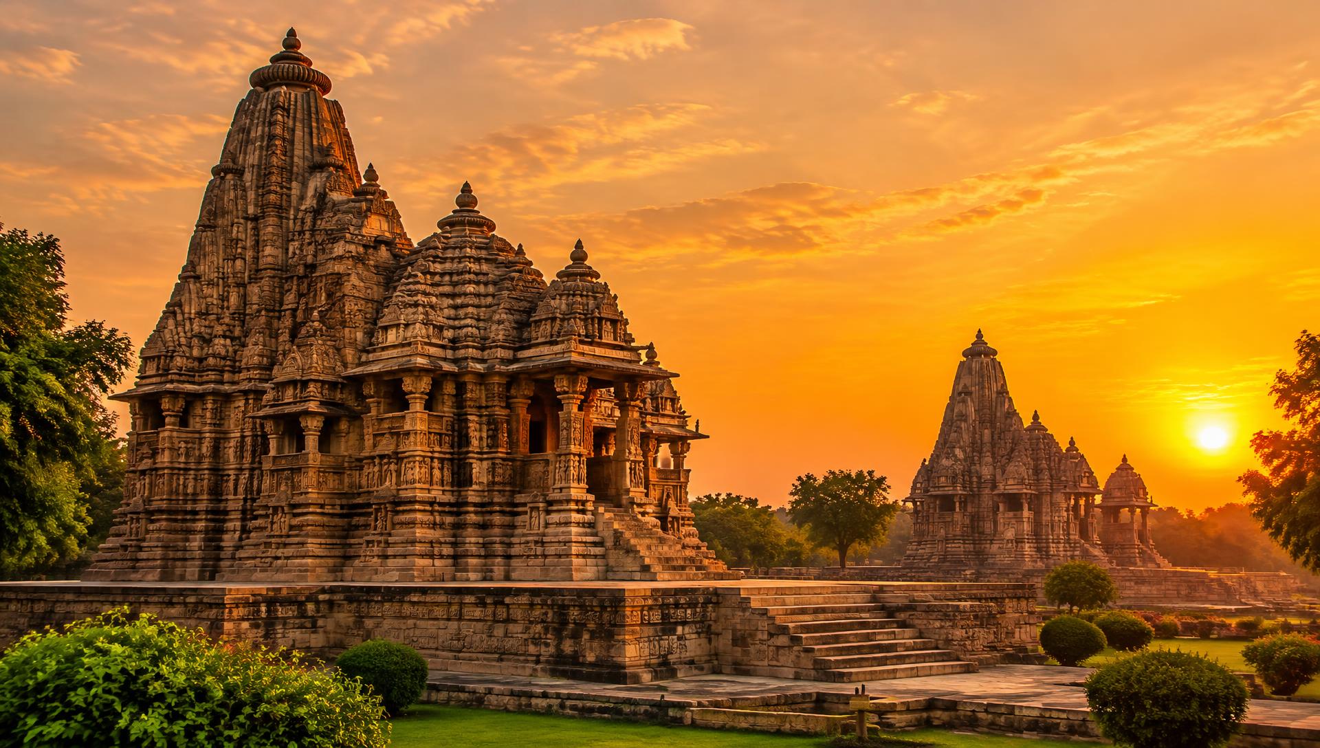 Khajuraho temples at sunset